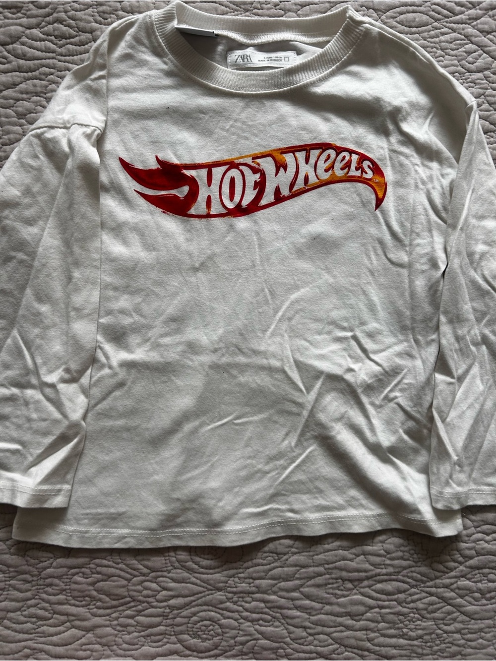 Zara White Long-Sleeve Hot Wheels Tee with Red & Orange Logo